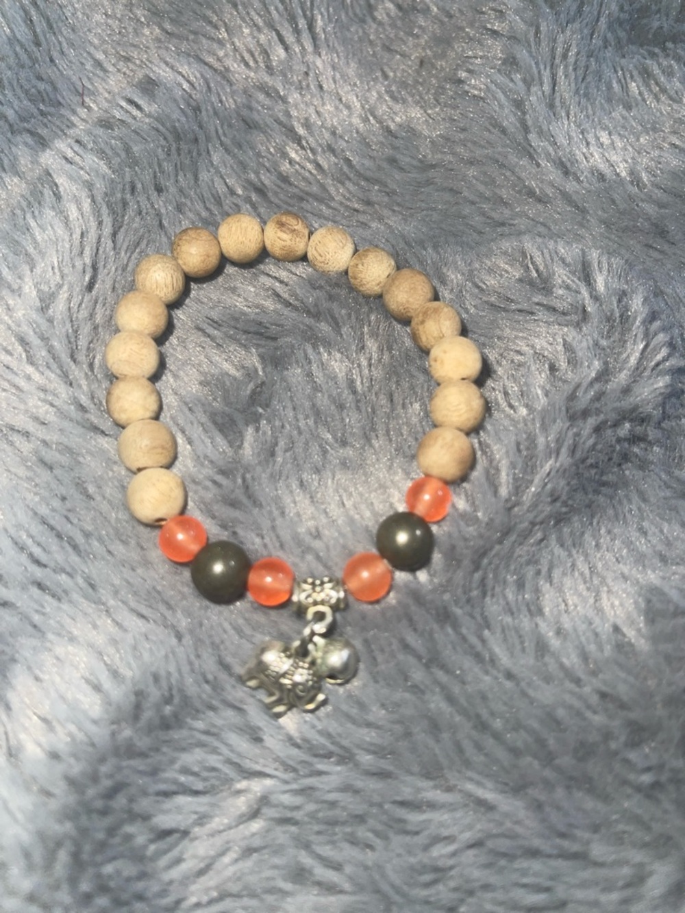 Beaded Elephant Charm Bracelet - Natural Wood, Coral & Hematite